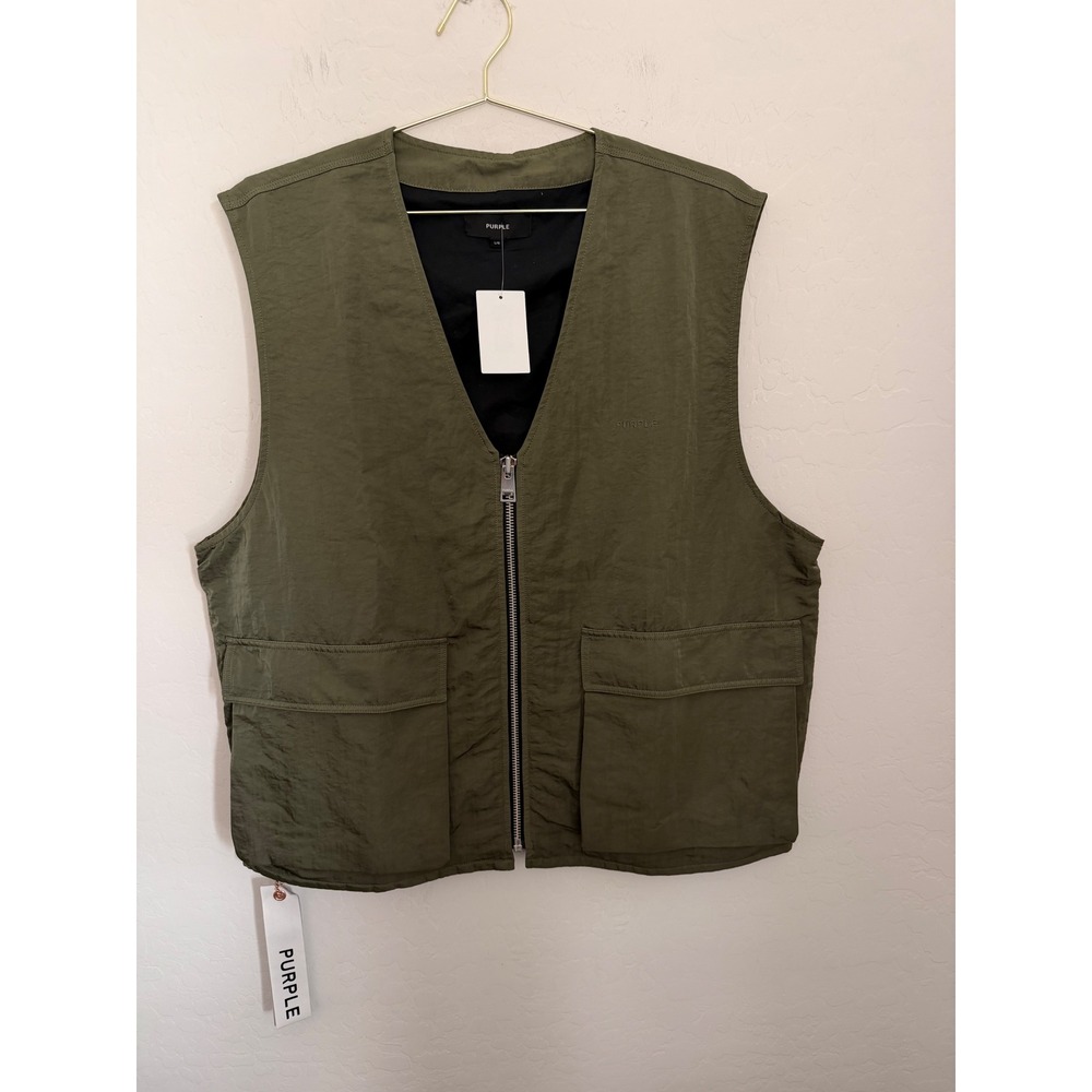 Purple Brand Men Military Green Woven Full Zip Utility Vest Large Gorpcore NWT